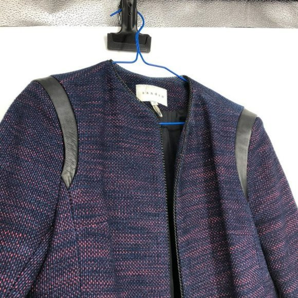 Sandro Valentin Blue and Red Tweed Blazer Jacket leather  shoulder chain details - Picture 13 of 16